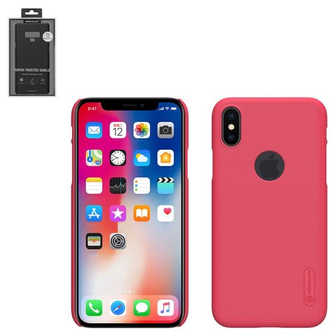 Чохол Nillkin Super Frosted Shield для iPhone X, iPhone XS, червоний, матовий, з підставкою, з отвором під логотип, пластик, #6902048147348