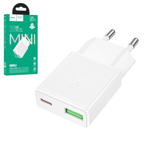 Мережевий зарядний пристрій Hoco N73, 20 Вт, Quick Charge, Power Delivery PD , білий, 2 порта, gan, #6942007661164