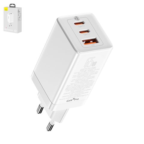 Mains Charger Baseus GaN3 Pro, 65 W, Quick Charge, white, with cable USB type C to USB type C, 3 outputs  #CCGP050102