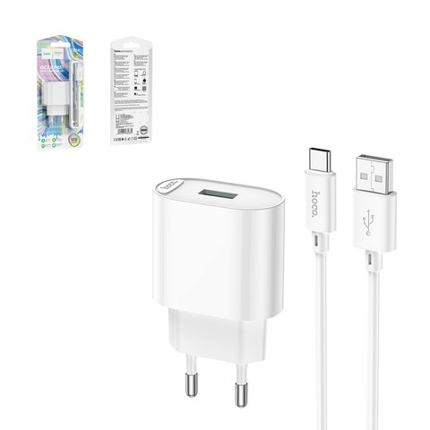 Mains Charger Hoco C109A, 18 W, Quick Charge, white, with USB cable Type C, 1 output  #6931474784834