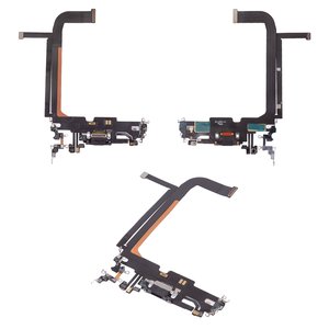 Flat Cable compatible with iPhone 13 Pro Max, charge connector, black, with microphone, with components, HC, graphite 