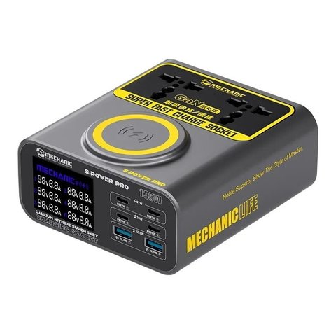 Adaptador de red Mechanic S Power Pro, 135 W, Wireless Charge, Quick Charge, Power Delivery PD , con un zócalo, 6 puertos, GaN