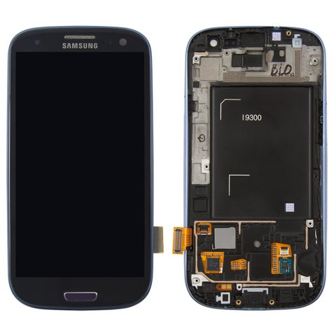 Дисплей для Samsung I9300 Galaxy S3, синій, з рамкою, Оригінал переклеєне скло 