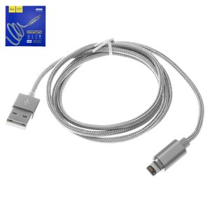 USB кабель Hoco U40A, USB тип A, Lightning, 100 см, 2 A, сірий, магнітний, в нейлоновому обплетенні, #6957531078388
