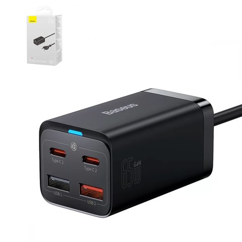 Мережевий зарядний пристрій Baseus GaN3 Pro Desktop, 65 Вт, Fast Charge, чорний, з кабелем USB тип C до USB тип C, 4 порта, 1,5 м, #CCGP040101