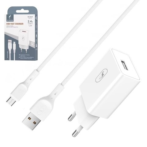 Мережевий зарядний пристрій SkyDolphin SC36V, 12 Вт, білий, з micro USB кабелем тип В, 1 порт