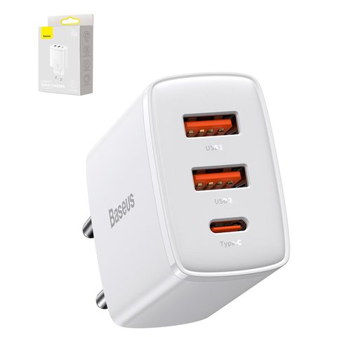 Мережевий зарядний пристрій Baseus Compact Quick Charger, Quick Charge, 220 В, біле, USB тип C, USB тип A, 30 Вт, 3 порта, #CCXJ E02